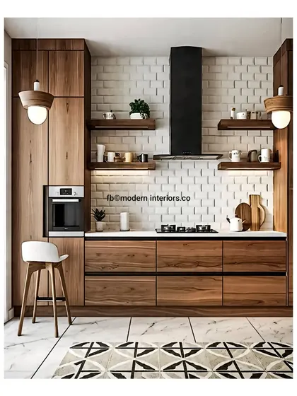 I love the rustic-modern feel of this kitchen. The warm wood cabinets are paired with a textured white brick backsplash and a sleek black chimney, creating a space that is both cozy and stylish.