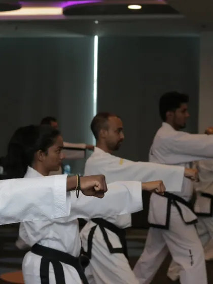 A line of black belts executing a punch. This shows the unity and discipline that is central to Taekwon-Do training.