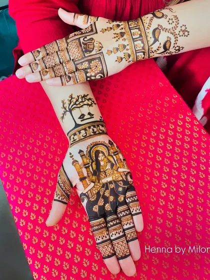 A unique design featuring a portrait of a goddess on the palm. The arm has a tree of life motif, creating a spiritual and artistic piece.