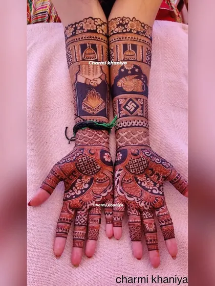 A divine bridal mehendi featuring a sacred fire (havan kund) and auspicious swastika symbols. This design is perfect for a bride who wants to incorporate spiritual elements into her wedding henna.