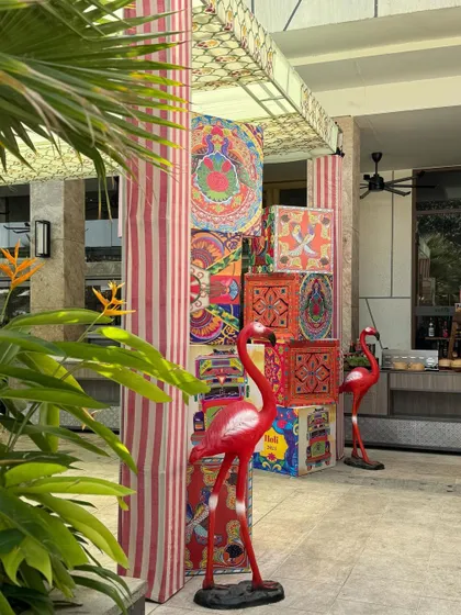 An entrance installation for the Holi event, using vibrant, patterned cubes to create a fun and eye-catching photo opportunity.