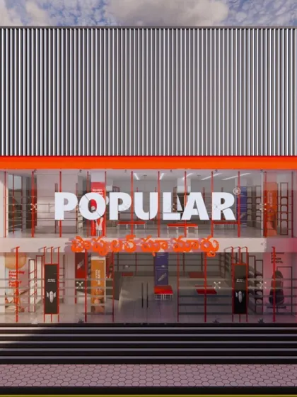 A 3D render of the Popular Shoe Mart facade, showing our initial vision. Renders are a crucial tool for us to align with the client and perfect the design before construction begins.