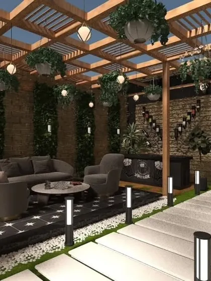 A full view of the proposed pergola and pathway in the Bulandshahr project. The design uses bollard lights to illuminate the walkway, leading to a cozy and private seating area.