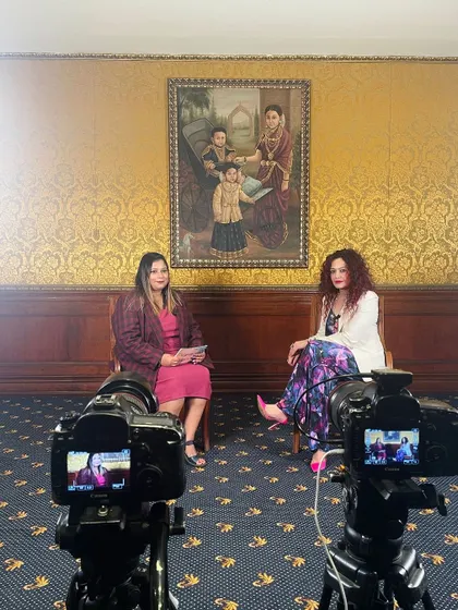 Behind the scenes at the ET Now Fem-Tech Summit and Awards. Here, I'm preparing for an on-camera interview before my speaking session on 'Dress with Purpose'.