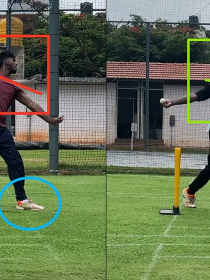 Look at the change in shoulder alignment and finish. By correcting a derailed finish and ensuring the non-bowling arm is used effectively, we helped this off spinner gain control and put more work on the ball.