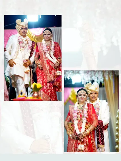 A collage of two wedding portraits, showcasing the couple in both formal and slightly more relaxed poses against the backdrop of their ceremony.