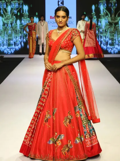 The vibrant red of the Patola silk combined with the whimsical flamingo embroidery makes this a statement piece. It shows how we can take a classic textile and give it a completely new narrative for the modern bride.