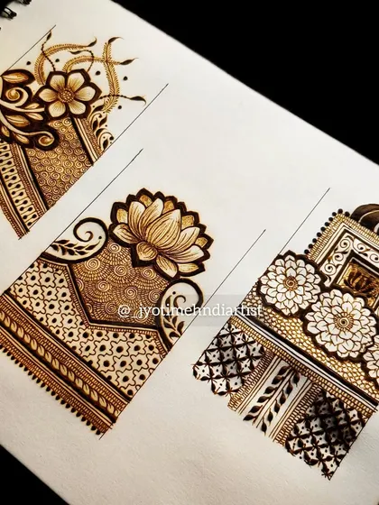 A trio of startup designs on a sketchpad, showing different options for bridal henna.