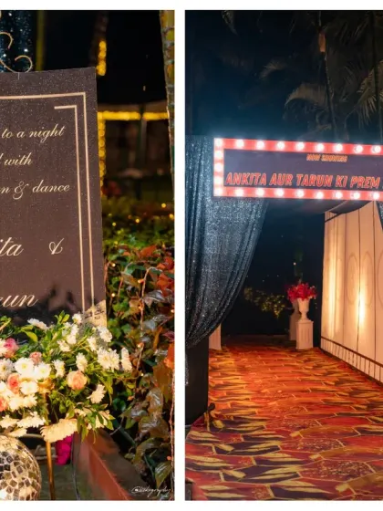 Setting the stage for a Bollywood fairytale. The entrance to this Sangeet featured a custom marquee sign with the couple's "Prem Kahani" and a welcome board inviting guests to a night of music, fun, and dance.