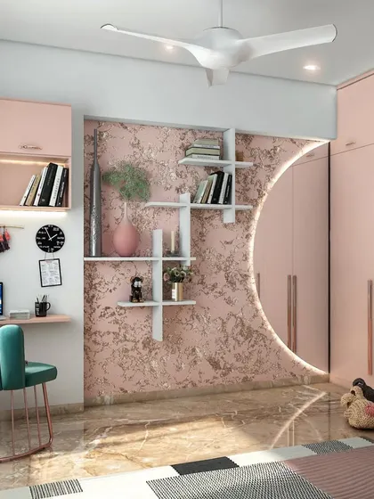 A glamorous teen's room with a pink textured accent wall, a floating desk, and a unique semi-circular mirror detail on the wardrobe.