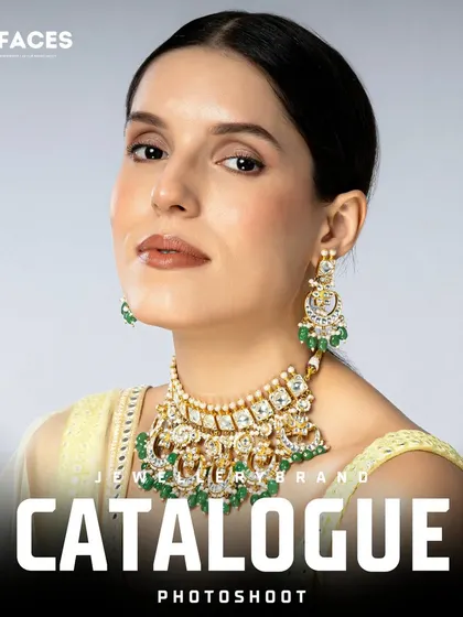 A grand, multi-layered green beaded bridal necklace is showcased, capturing the opulence required for a wedding collection.