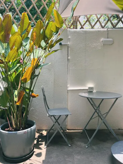 Another look at one of our quiet outdoor tables, surrounded by tall, beautiful plants.
