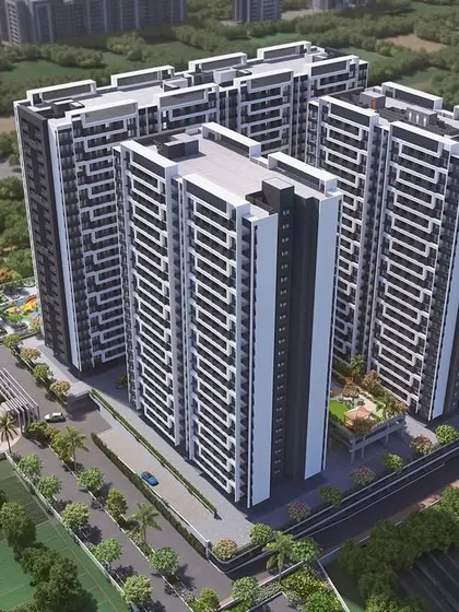This is an aerial view rendering of our Regency Astra project in Baner, Pune. The master plan shows how we arranged the towers to create open community spaces and a clear circulation path, all within a modern black, grey, and white design palette.
