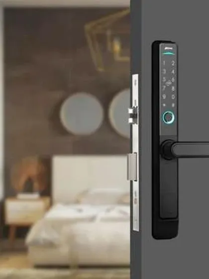 An in-context view of the narrow-style digital door lock installed on a bedroom door. This lock is perfect for aluminum or slim-profile doors where a standard lock won't fit, offering features like passage mode and audit trail.