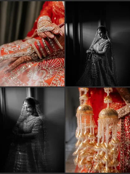 A collage of artistic bridal shots, combining close-ups of her henna and kalire with dramatic black and white portraits.