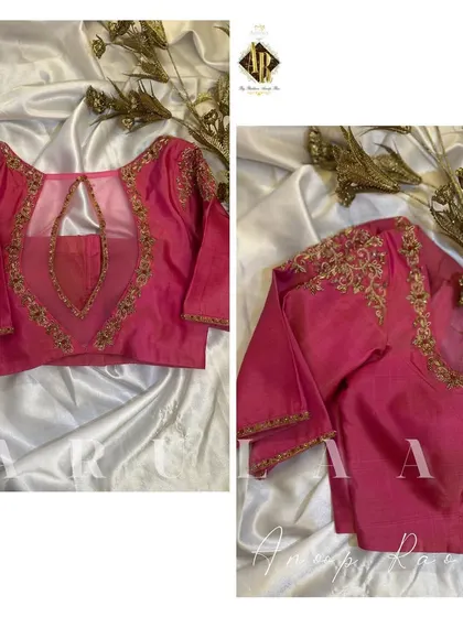 A pink blouse with a beautiful back cutout, designed for a client in Mysore. The shoulders are highlighted with delicate zardosi embroidery.