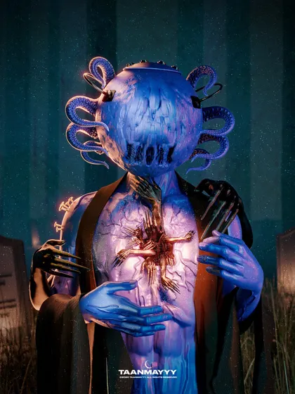This "Antichrist" character was created for the Octabots NFT project. I designed a creature with an exposed, glowing heart and a head made of tentacles, blending religious iconography with cosmic horror.