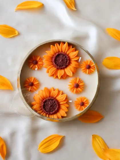 The Sunflower Urli, with its mix of large and small flowers, creates a beautiful, textured look. The soy wax provides a clean, long-lasting burn.
