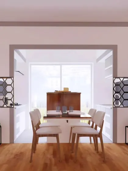 A 3D render showing a compact dining area that opens into the kitchen. I've used decorative partitions to create a sense of separation without closing off the space.