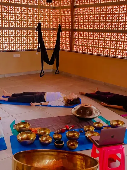 The serene setup for a small group sound healing session.