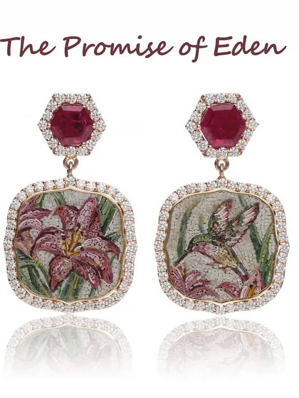 My Mystique Earrings featured as India Today Spice's "Pick of the Day". Handcrafted in 18k yellow gold, they depict birds and flowers and feature 2.23 carats of Mozambican rubies from Gemfields.