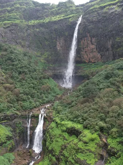 The spectacular Nanemachi Waterfall in Maharashtra. This two-tiered waterfall is a sight to behold, especially during the peak monsoon.