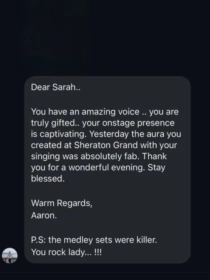 Getting messages like this is why we do what we do. Knowing our music made someone's evening special means the world to us. We put our hearts into every performance.