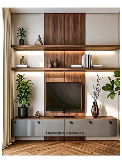 This floating TV unit is all about clean, horizontal lines. The warm wood is accented with sleek grey cabinets, and the backlit shelves provide a beautiful, soft glow, making the whole setup feel light and airy.