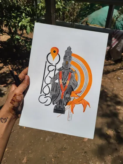 A custom sketch of Lord Vitthal, combining a realistic portrait with graphic elements and Marathi calligraphy. This piece celebrates one of Maharashtra's most beloved deities.