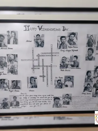 A large, custom black-and-white frame celebrating the career of actor Vijayendra Kumeria. It features images of his various roles and a crossword puzzle with the show names, all designed in collaboration with his fans.