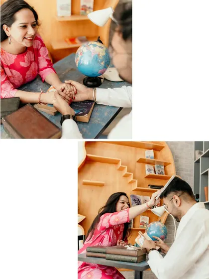 A playful and cute library-themed shoot, showing the couple's fun side among books and a globe.