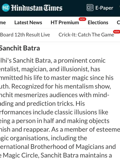 The article from Hindustan Times highlights my style of mentalism, which includes mind-reading and prediction tricks. I am grateful for the recognition.