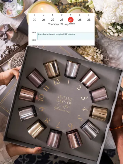 A gift that keeps on giving. My 'Twelve Days of Scented Memory' box offers a new fragrance to burn through all twelve months, a constant reminder of your special bond.