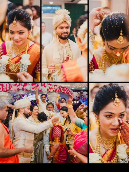 A collection of emotional and ritualistic moments from a South Indian wedding, including tears of joy and sacred traditions.