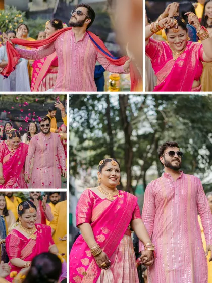 A collage of energetic moments from a haldi by the Ganges. The couple's grand entrance and the dancing guests show the vibrant and celebratory atmosphere of this destination event.