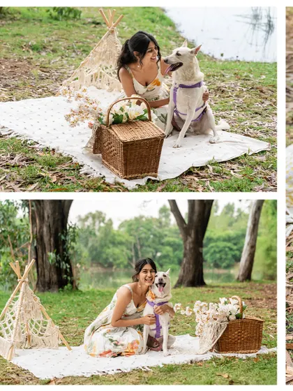 A collage from the Bangalore Mother's Day outdoor mini-sessions, showing the beautiful picnic setup.