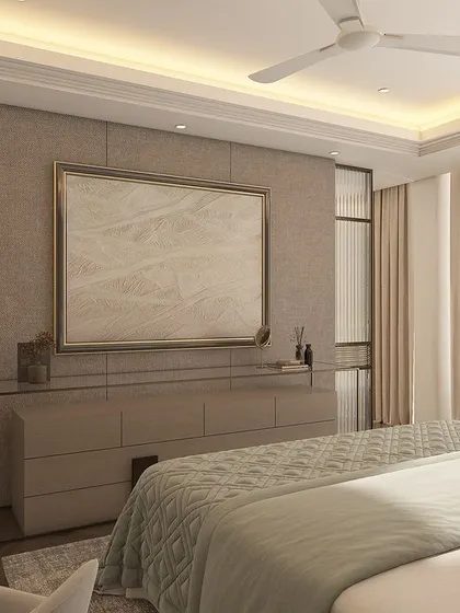 This 3D view highlights the custom dresser and the fluted glass partition that separates the bedroom from the lounge area, adding a layer of privacy and texture.