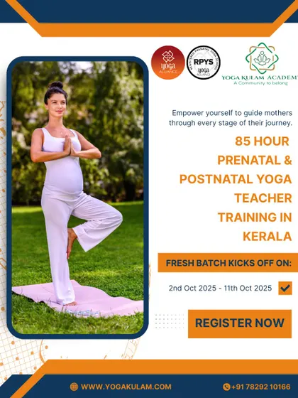 I offer specialized training for those wishing to guide mothers on their journey. This poster details our 85-hour Prenatal and Postnatal Yoga Teacher Training in Kerala, a comprehensive course covering everything from safe asanas to Garbhasamskara.