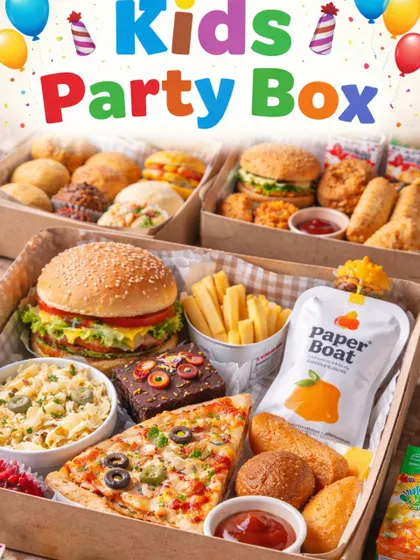 Burgers, pizza, pasta and fries fill the illustrated boxes in our Kids Party Box menu promotion.