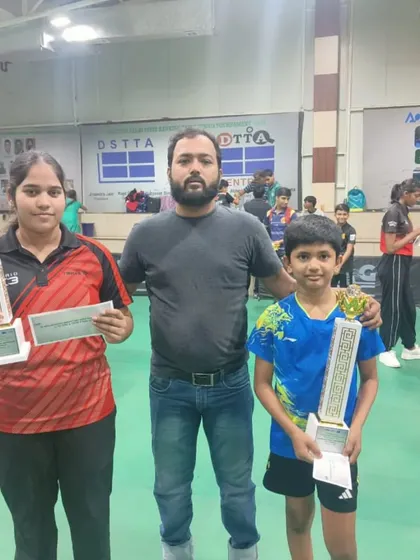 Our coach with players Ayushi Singhal and Arunim Aggarwal after their successful run at the 4th Delhi State Ranking Tournament.