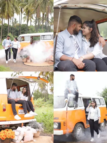 More moments from the vintage van shoot, including a shot with atmospheric smoke. This collection of four images captures both the fun, adventurous side and the intimate, romantic connection of the couple.