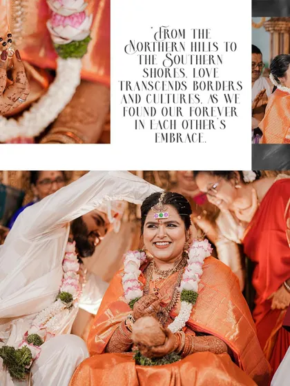 A collage celebrating a North-meets-South love story, with a focus on the bride's radiant smile during the ceremony.