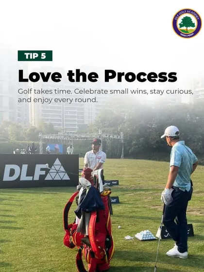 An Image of a Golfer on the Driving Range with a Tip: Love the process. Golf takes time and patience, so it is important to celebrate small wins, stay curious, and enjoy every round, whether it's good or bad.