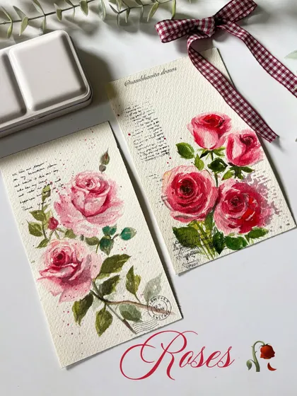 Another look at my two watercolor rose paintings, tied with a gingham ribbon. They make a perfect pair.