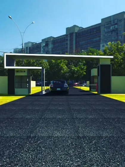 A wider perspective of the entrance gate render. This view shows the gate in the context of the surrounding buildings and landscape, providing a complete picture of how the final project will fit into its environment.