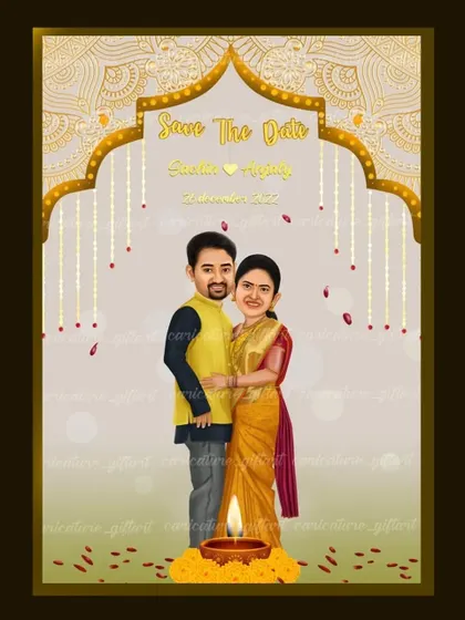 Here is a slightly different version of the "Save the Date" from image #48. In this one, a large, beautifully lit diya and marigold flowers are placed at the forefront, adding to the traditional and auspicious feel.