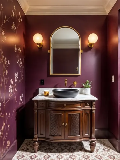 This version of the purple powder room features a classic wooden vanity and floral wallpaper, giving it a more traditional and romantic feel.