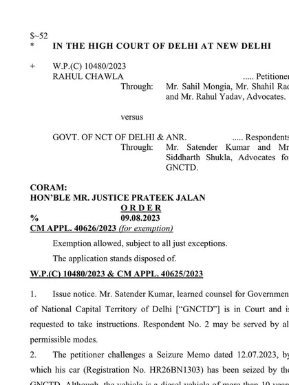This is the official court order where the Hon'ble Delhi High Court issued a notice to the government and stayed the scrapping of my client's vehicle. It shows the first step in a successful legal challenge.