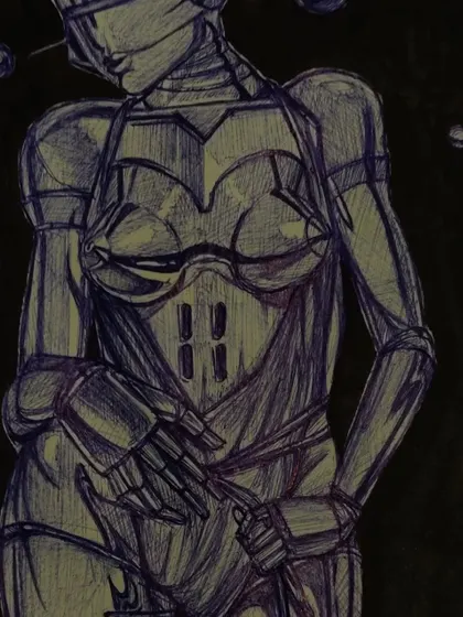 A slightly different angle of the "Space age" robot sketch. This view highlights the shading and contours on the metallic body, created entirely with layered pen strokes.