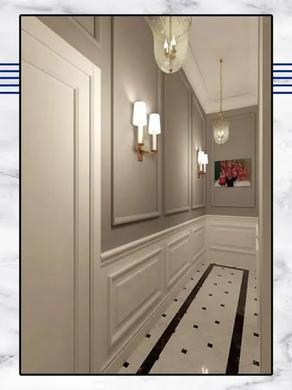 This hallway design is a testament to timeless opulence, with its classic wall paneling, elegant sconces, and a dotted marble floor pattern.